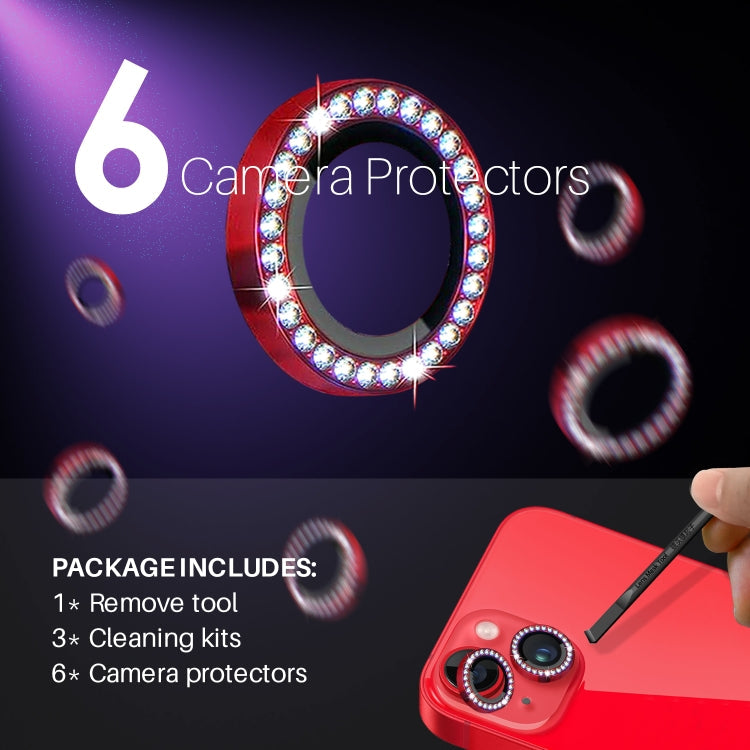 For iPhone 15 / 15 Plus / 14 / 14 Plus NORTHJO 3 Set 6Pcs Camera Lens Protector Diamond Metal Ring Film(Red)