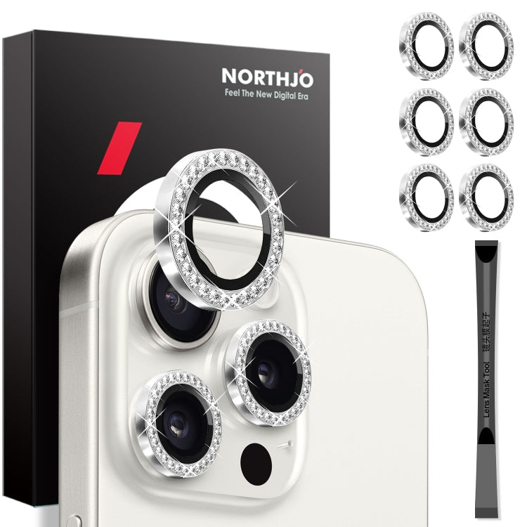 For iPhone 15 Pro / 15 Pro Max NORTHJO 2 Set 6Pcs Camera Lens Protector Diamond Metal Ring Film(Silver)