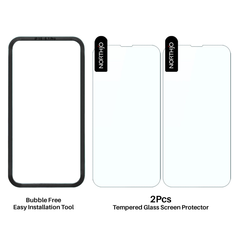 For iPhone 15 Pro NORTHJO 2pcs A++ Screen Protector Tempered Glass Film with Installation Frame