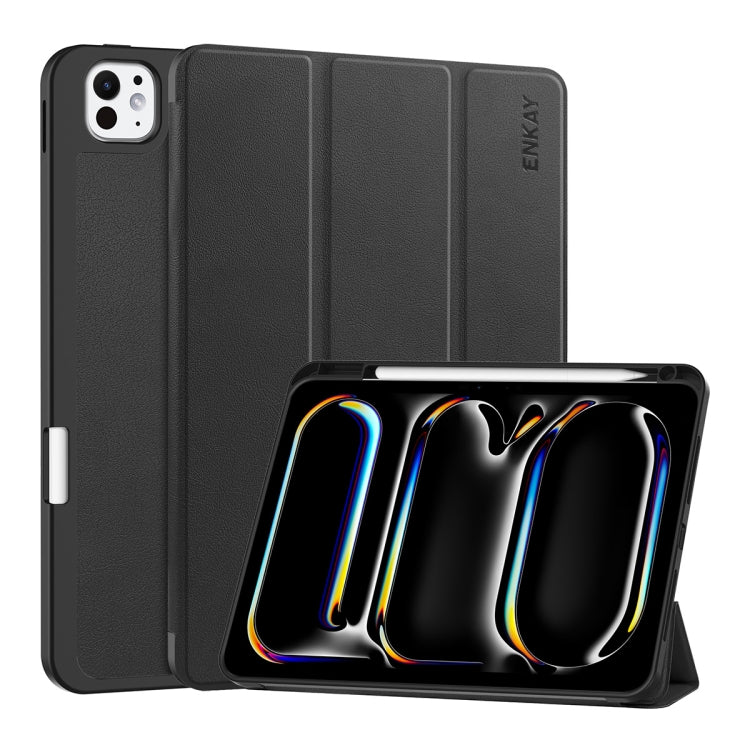 For iPad Pro 13 2025 / 2024 ENKAY Tri-fold Custer Texture TPU Leather Smart Tablet Case with Pen Slot(Black)