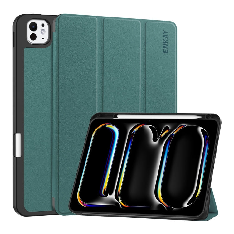For iPad Pro 13 2025 / 2024 ENKAY Tri-fold Custer Texture TPU Leather Smart Tablet Case with Pen Slot(Dark Green)