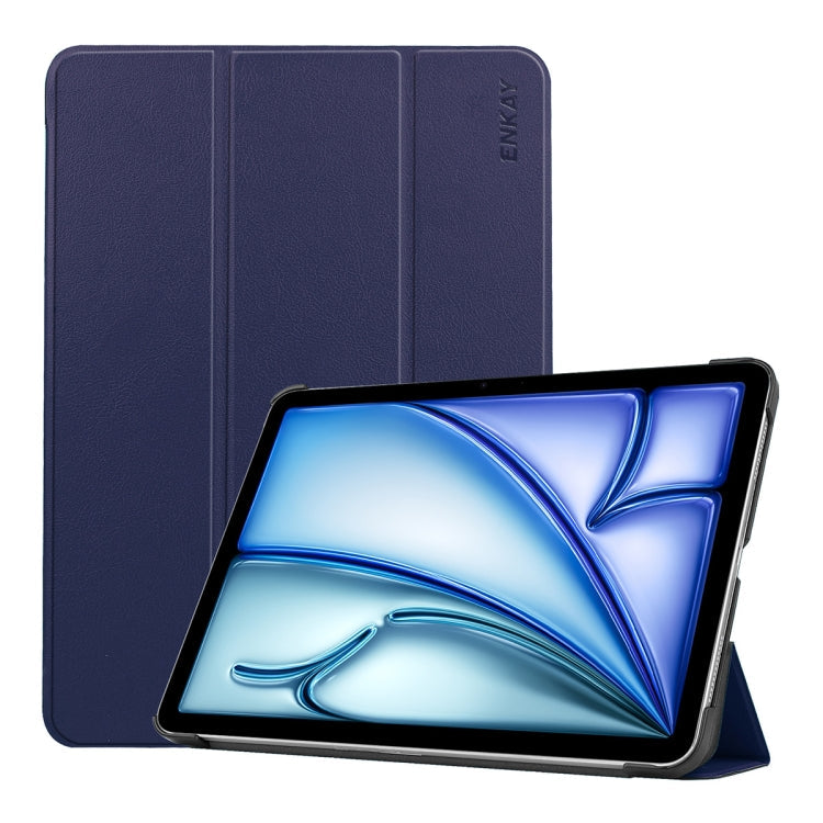 For iPad Air 13 2026 / 2025 / 2024 ENKAY Tri-fold Custer Texture Plastic Leather Smart Tablet Case(Dark Blue)