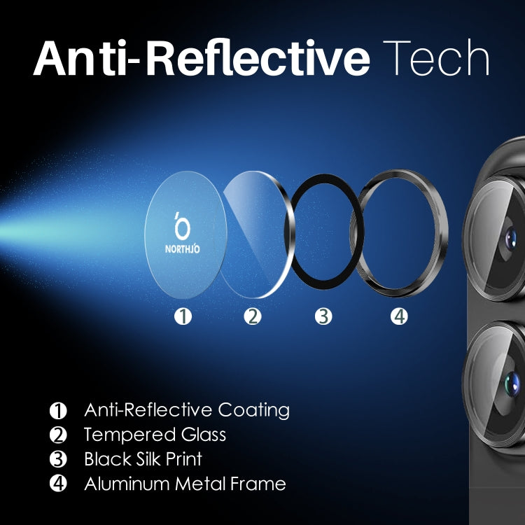 For iPhone 16 / 16 Plus NORTHJO 2 Sets 4pcs Camera Lens Protector Cover Metal Ring Film(Black)