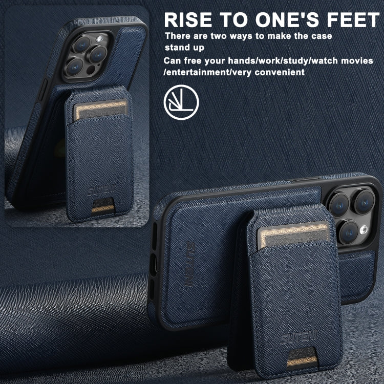 For iPhone 15 Pro Max Suteni M2 Cross-Grain MagSafe Vertical Card Back Phone Case(Blue)