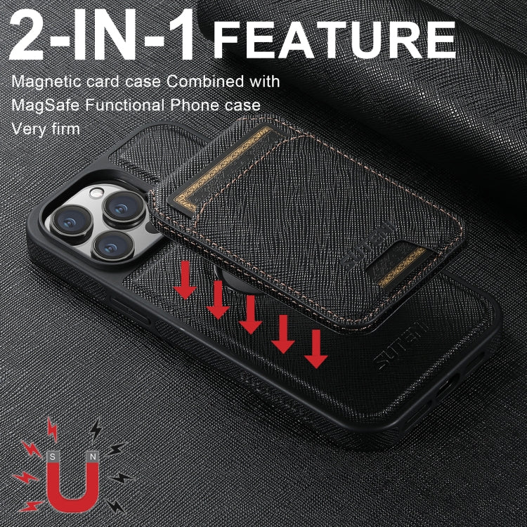 For iPhone 15 Pro Suteni M2 Cross-Grain MagSafe Vertical Card Back Phone Case(Black)