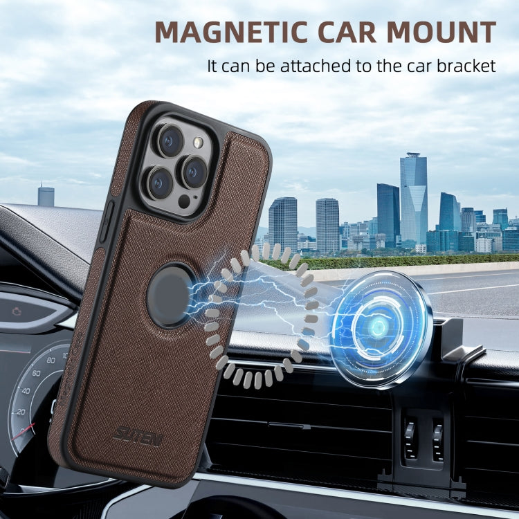 For iPhone 15 Pro Suteni M2 Cross-Grain MagSafe Vertical Card Back Phone Case(Brown)