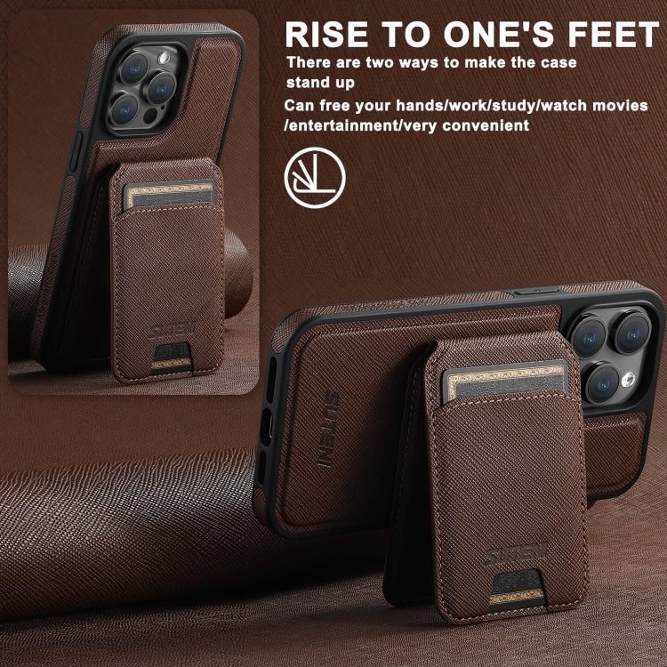 For iPhone 14 Plus Suteni M2 Cross-Grain MagSafe Vertical Card Back Phone Case(Brown)