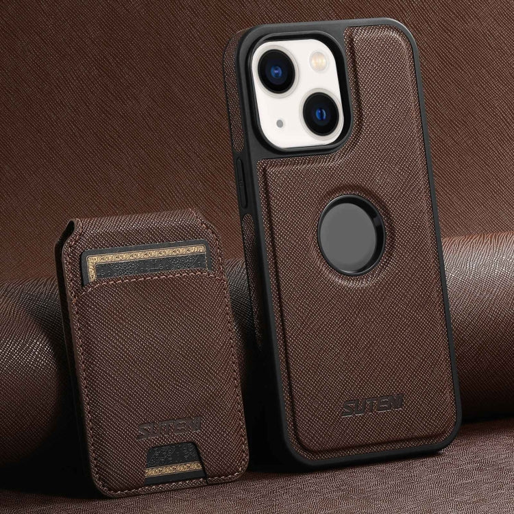 For iPhone 14 Suteni M2 Cross-Grain MagSafe Vertical Card Back Phone Case(Brown)