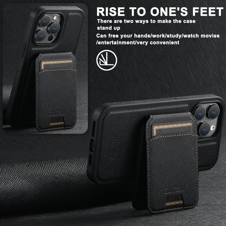 For iPhone 13 Pro Max Suteni M2 Cross-Grain MagSafe Vertical Card Back Phone Case(Black)