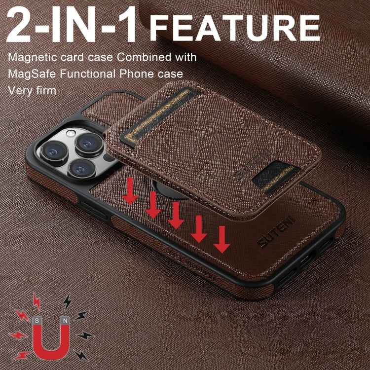 For iPhone 13 Suteni M2 Cross-Grain MagSafe Vertical Card Back Phone Case(Brown)