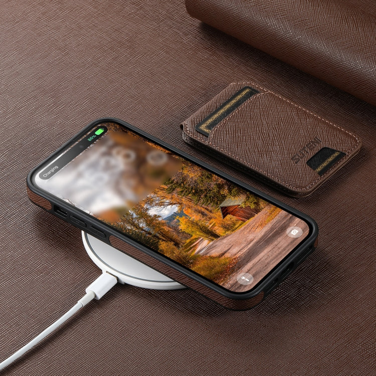 For iPhone 16 Plus Suteni M2 Cross-Grain MagSafe Vertical Card Back Phone Case(Brown)