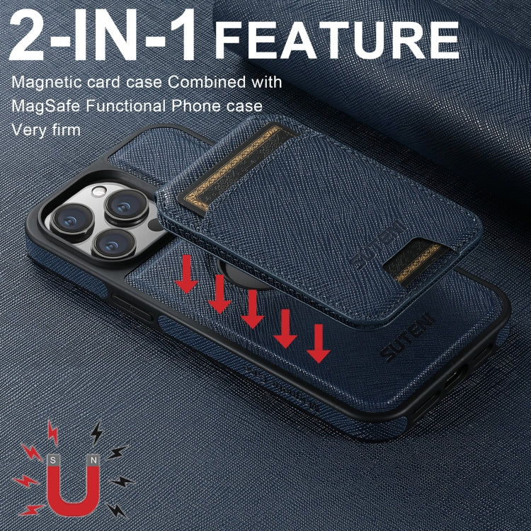 For iPhone 16 Plus Suteni M2 Cross-Grain MagSafe Vertical Card Back Phone Case(Blue)