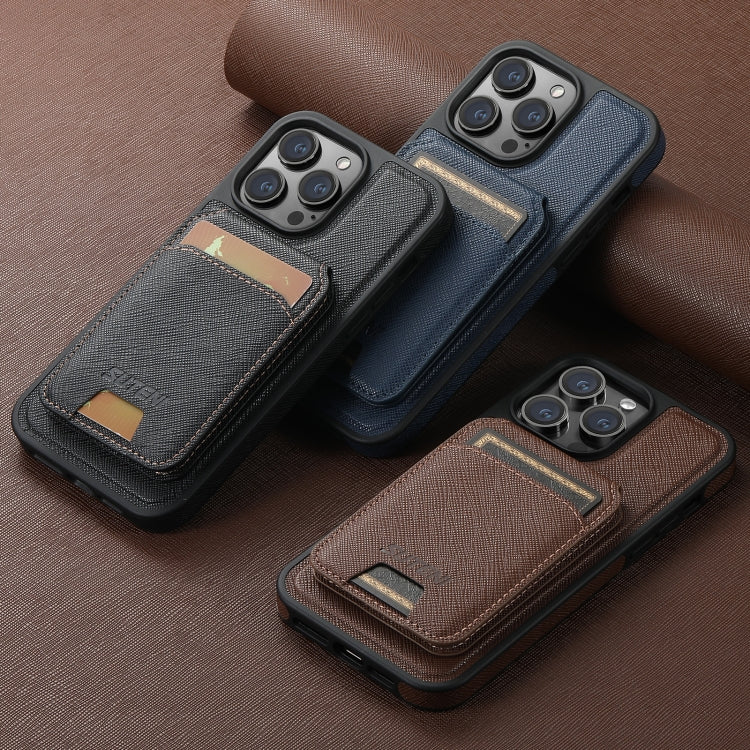 For iPhone 12 Pro Max Suteni M2 Cross-Grain MagSafe Vertical Card Back Phone Case(Black)