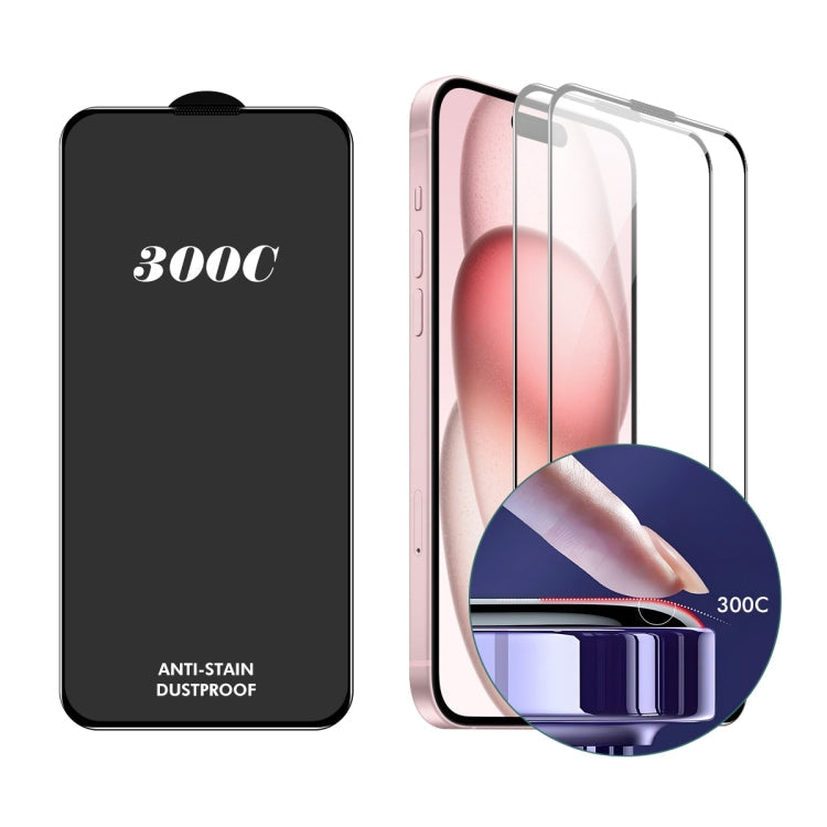 For iPhone 15 Plus / 16 Plus 2pcs ENKAY 300C Super Large Arc Full Coverage High Aluminum-silicon Tempered Glass Film Black