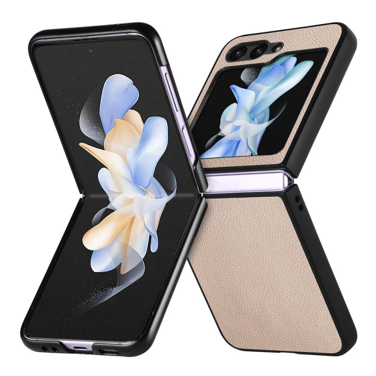 For Samsung Galaxy Z Flip6 / Flip7 FE JUNSUNMAY Lichee Texture Leather Skin PC Folding Phone Case(Khaki)
