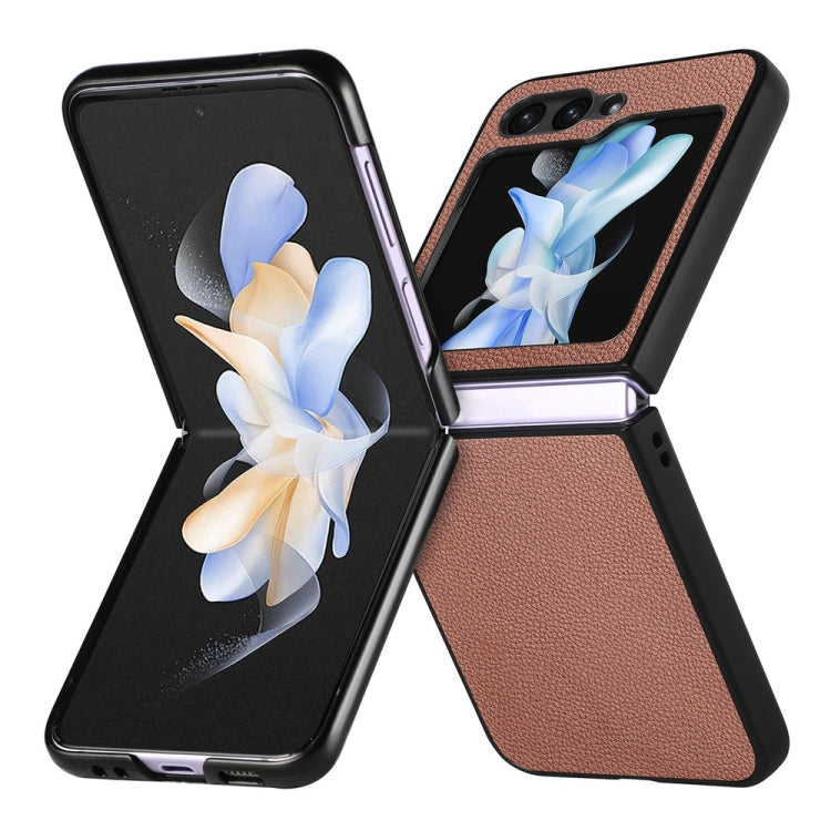 For Samsung Galaxy Z Flip6 / Flip7 FE JUNSUNMAY Lichee Texture Leather Skin PC Folding Phone Case(Brown)
