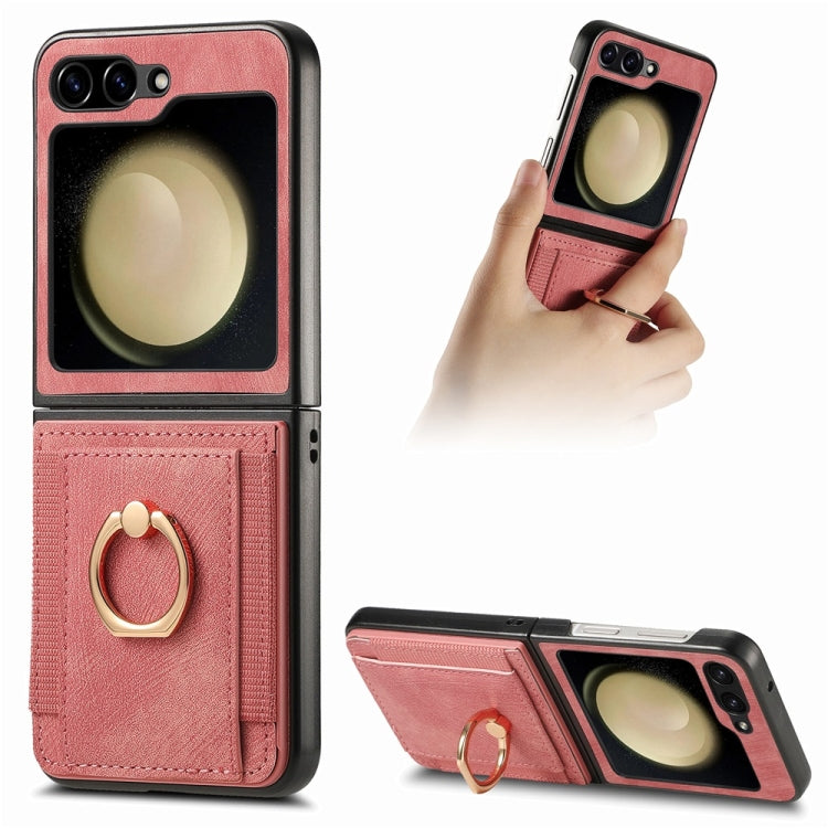 For Samsung Galaxy Z Flip6 / Flip7 FE JUNSUNMAY Retro Leather Skin PC Folding Phone Case with Phone Ring(Pink)
