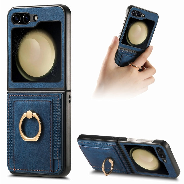For Samsung Galaxy Z Flip6 / Flip7 FE JUNSUNMAY Retro Leather Skin PC Folding Phone Case with Phone Ring(Blue)