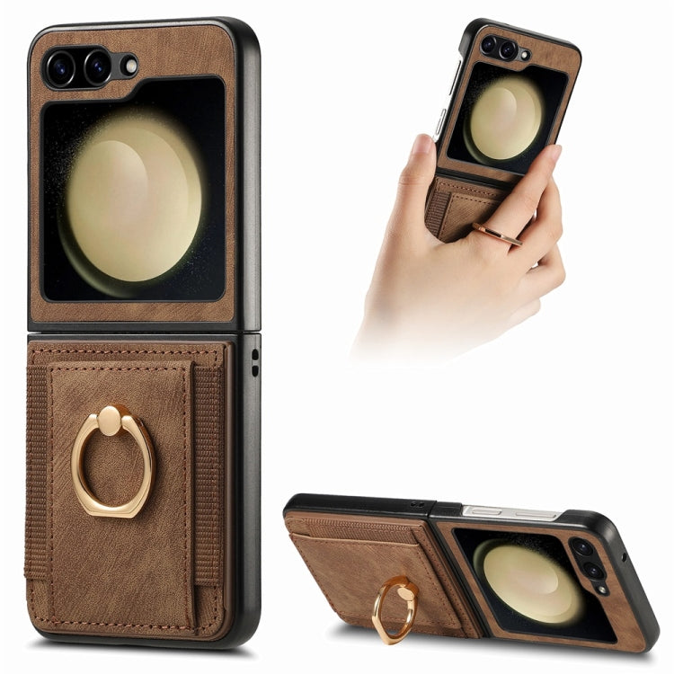 For Samsung Galaxy Z Flip6 / Flip7 FE JUNSUNMAY Retro Leather Skin PC Folding Phone Case with Phone Ring(Brown)