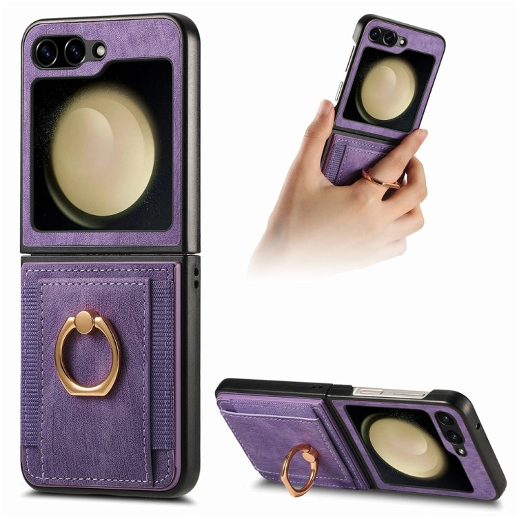 For Samsung Galaxy Z Flip6 / Flip7 FE JUNSUNMAY Retro Leather Skin PC Folding Phone Case with Phone Ring(Purple)