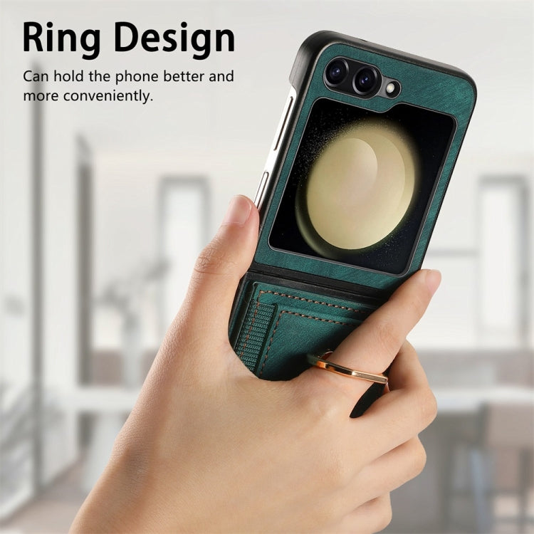 For Samsung Galaxy Z Flip6 / Flip7 FE JUNSUNMAY Retro Leather Skin PC Folding Phone Case with Phone Ring(Blue)