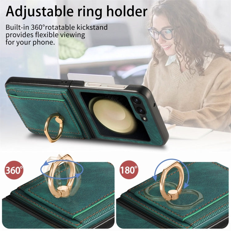 For Samsung Galaxy Z Flip6 / Flip7 FE JUNSUNMAY Retro Leather Skin PC Folding Phone Case with Phone Ring(Green)