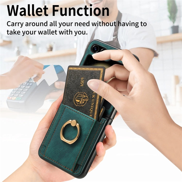 For Samsung Galaxy Z Flip6 / Flip7 FE JUNSUNMAY Retro Leather Skin PC Folding Phone Case with Phone Ring(Green)
