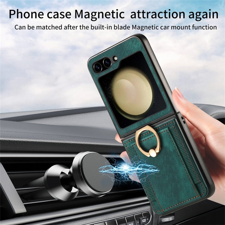 For Samsung Galaxy Z Flip6 / Flip7 FE JUNSUNMAY Retro Leather Skin PC Folding Phone Case with Phone Ring(Blue)