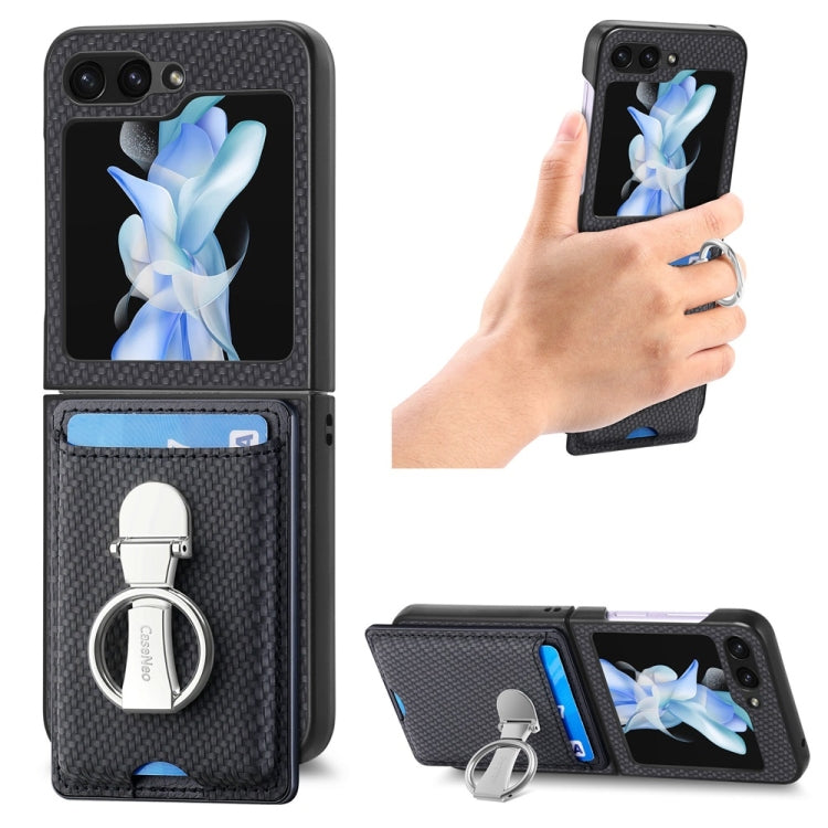 For Samsung Galaxy Z Flip6 / Flip7 FE JUNSUNMAY Carbon Fiber Leather Skin PC Folding Phone Case with Phone Ring(Black)