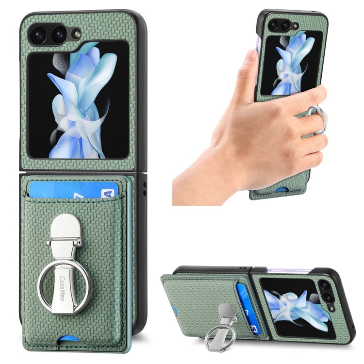 For Samsung Galaxy Z Flip6 / Flip7 FE JUNSUNMAY Carbon Fiber Leather Skin PC Folding Phone Case with Phone Ring(Green)