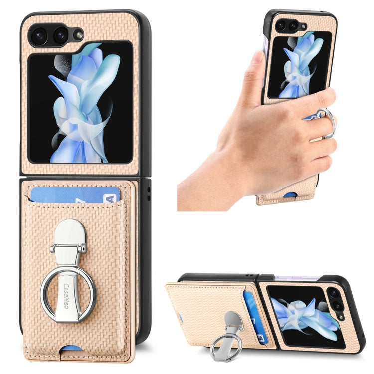 For Samsung Galaxy Z Flip6 / Flip7 FE JUNSUNMAY Carbon Fiber Leather Skin PC Folding Phone Case with Phone Ring(Khaki)