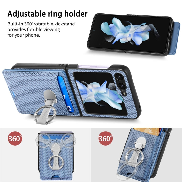 For Samsung Galaxy Z Flip6 / Flip7 FE JUNSUNMAY Carbon Fiber Leather Skin PC Folding Phone Case with Phone Ring(Khaki)