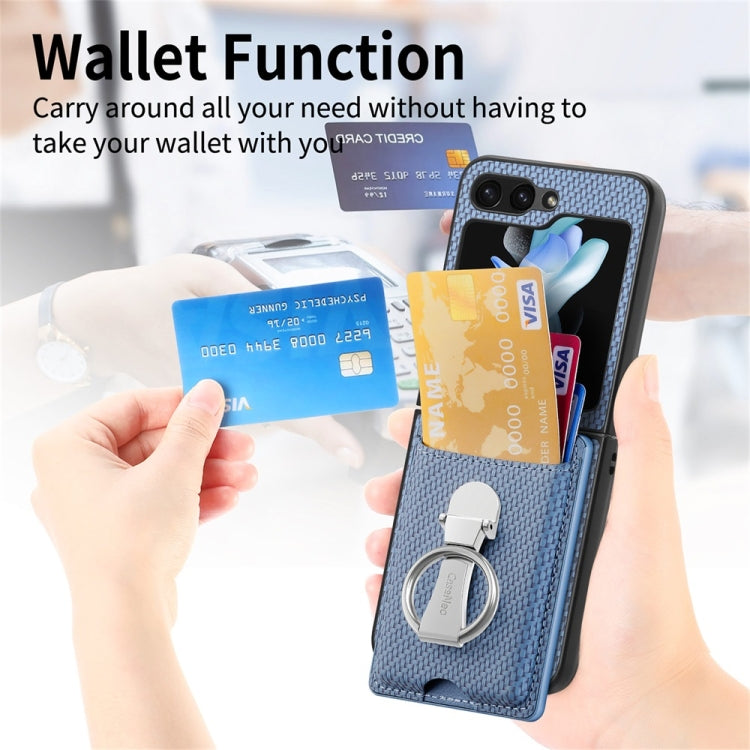 For Samsung Galaxy Z Flip6 / Flip7 FE JUNSUNMAY Carbon Fiber Leather Skin PC Folding Phone Case with Phone Ring(Blue)