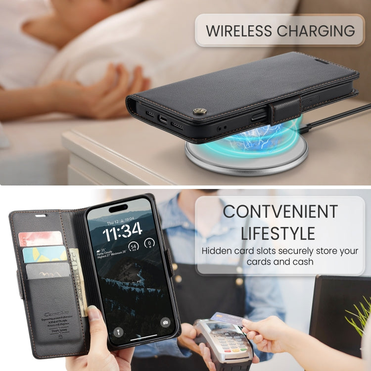 For iPhone 16 Plus CaseMe 023 Butterfly Buckle Litchi Texture RFID Anti-theft Leather Phone Case(Black)