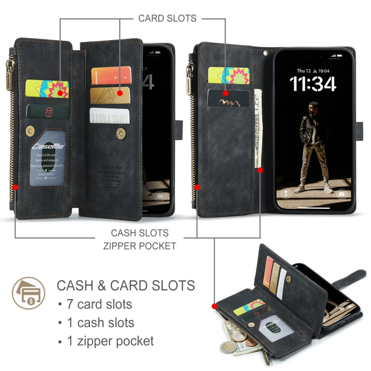 For iPhone 16 Pro CaseMe C30 Card Slots Zipper Wallet Leather Phone Case(Black)
