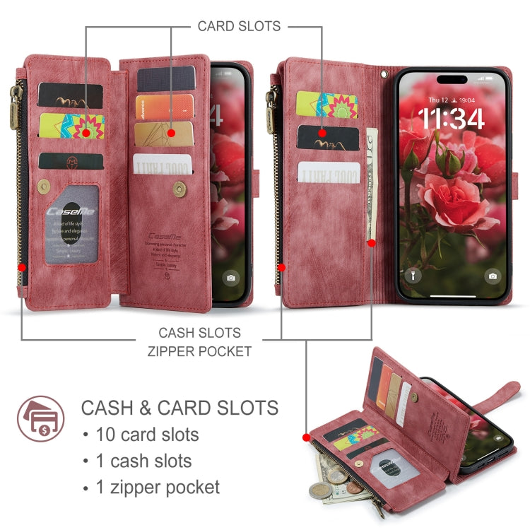 For iPhone 16 Pro Max CaseMe C30 Card Slots Zipper Wallet Leather Phone Case(Red)