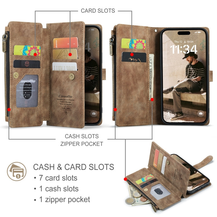 For iPhone 16 CaseMe C30 Card Slots Zipper Wallet Leather Phone Case(Brown)