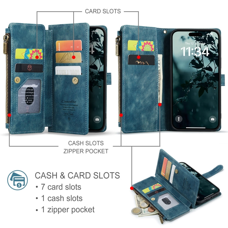 For iPhone 16 CaseMe C30 Card Slots Zipper Wallet Leather Phone Case(Blue)