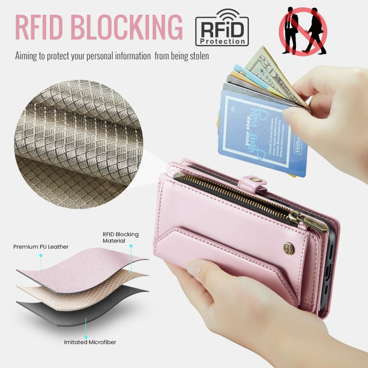 For iPhone 16 Pro Max CaseMe C36 Card Slots Zipper Wallet RFID Anti-theft Leather Phone Case(Pink)