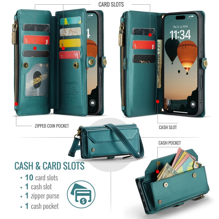 For iPhone 16 Pro Max CaseMe C36 Card Slots Zipper Wallet RFID Anti-theft Leather Phone Case(Blue)