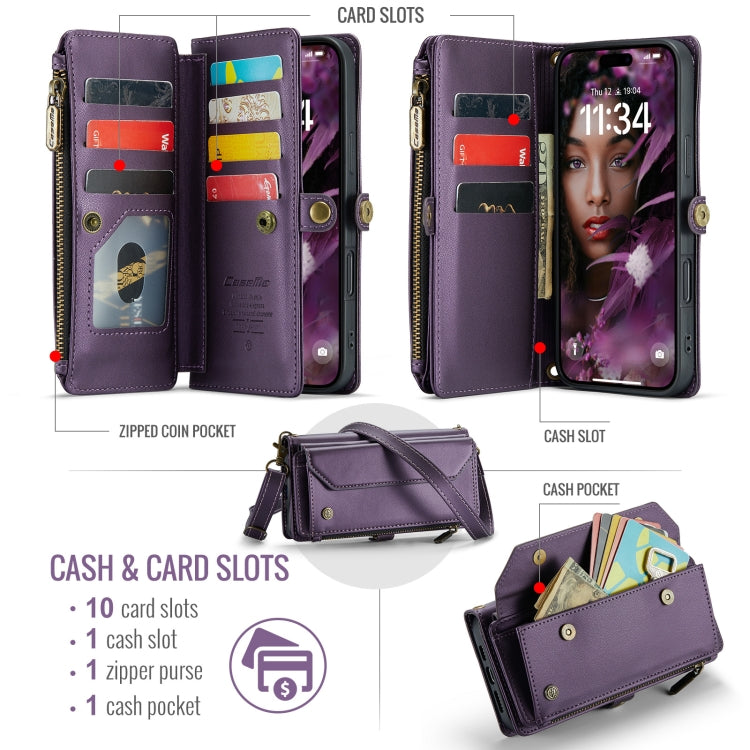 For iPhone 16 Pro Max CaseMe C36 Card Slots Zipper Wallet RFID Anti-theft Leather Phone Case(Purple)