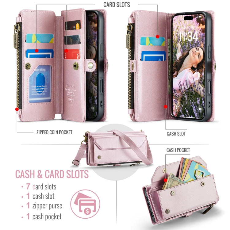 For iPhone 16 Pro CaseMe C36 Card Slots Zipper Wallet RFID Anti-theft Leather Phone Case(Pink)