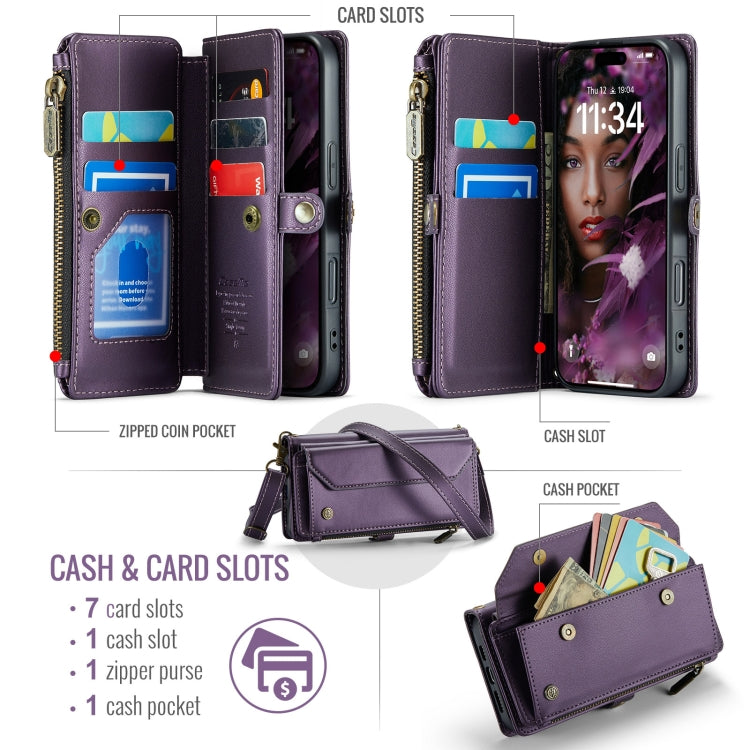 For iPhone 16 CaseMe C36 Card Slots Zipper Wallet RFID Anti-theft Leather Phone Case(Purple)