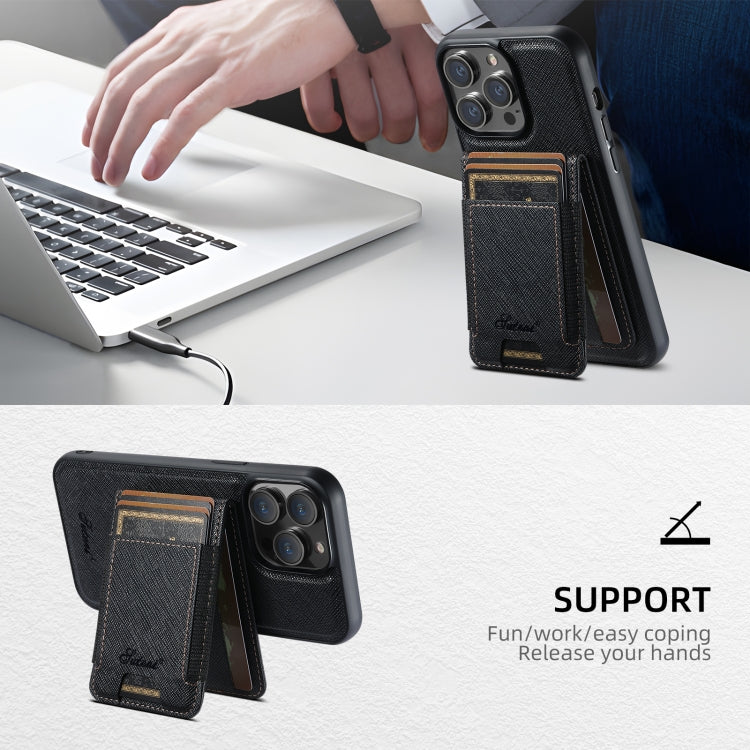 For iPhone 15 Plus Suteni H17 Cross Grain Leather MagSafe Detachable Wallet Phone Case(Black)