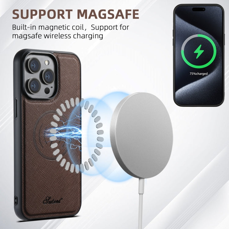 For iPhone 15 Suteni H17 Cross Grain Leather MagSafe Detachable Wallet Phone Case(Brown)