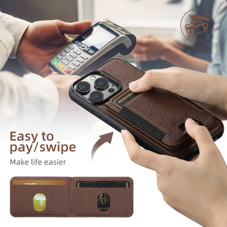 For iPhone 14 Pro Max Suteni H17 Cross Grain Leather MagSafe Detachable Wallet Phone Case(Brown)