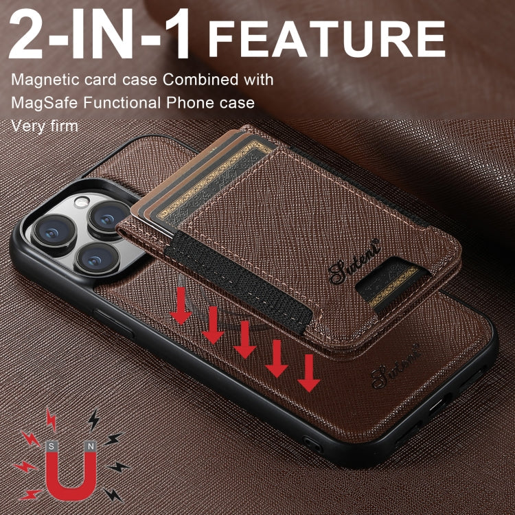 For iPhone 14 Pro Max Suteni H17 Cross Grain Leather MagSafe Detachable Wallet Phone Case(Brown)