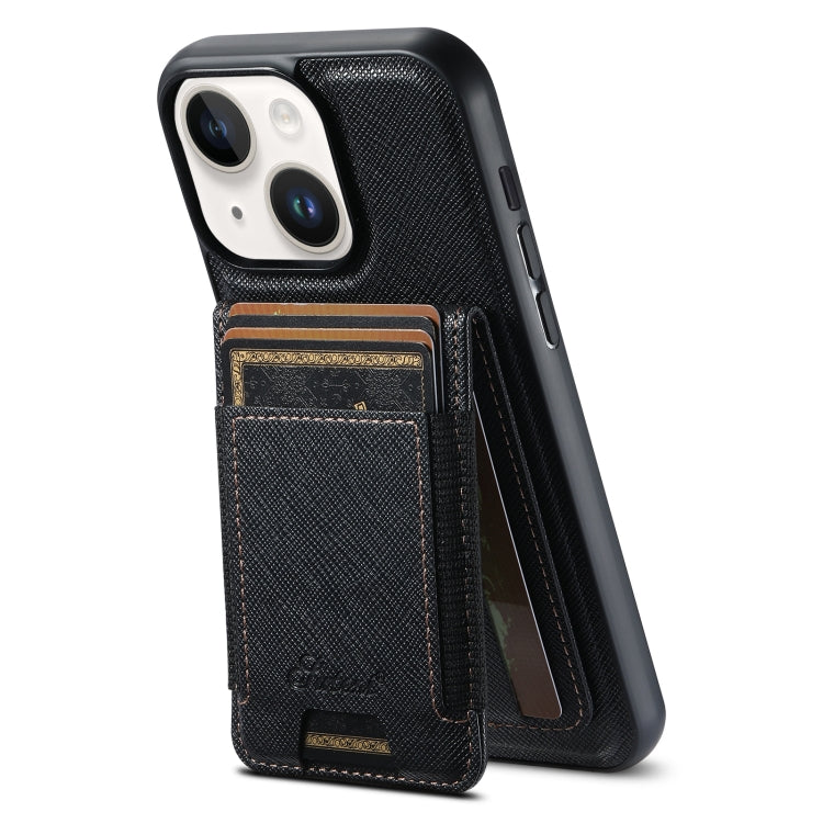 For iPhone 14 Plus Suteni H17 Cross Grain Leather MagSafe Detachable Wallet Phone Case(Black)
