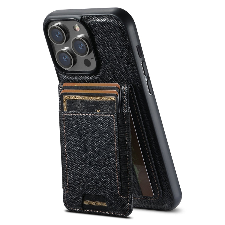 For iPhone 13 Pro Max Suteni H17 Cross Grain Leather MagSafe Detachable Wallet Phone Case(Black)