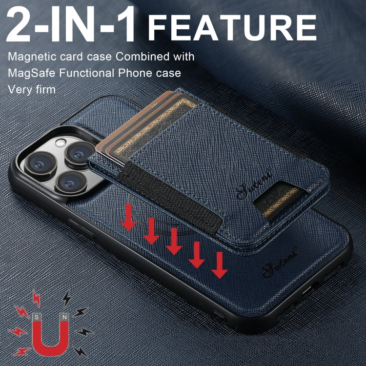 For iPhone 13 Pro Suteni H17 Cross Grain Leather MagSafe Detachable Wallet Phone Case(Blue)